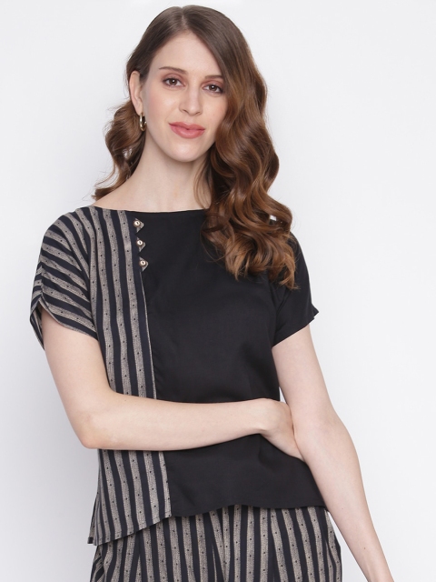 

INIESTA Women Black Striped Extended Sleeves Boxy Top