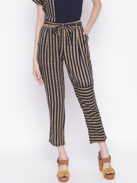 

INIESTA Women Navy Blue & Brown Striped Relaxed Peg Trousers