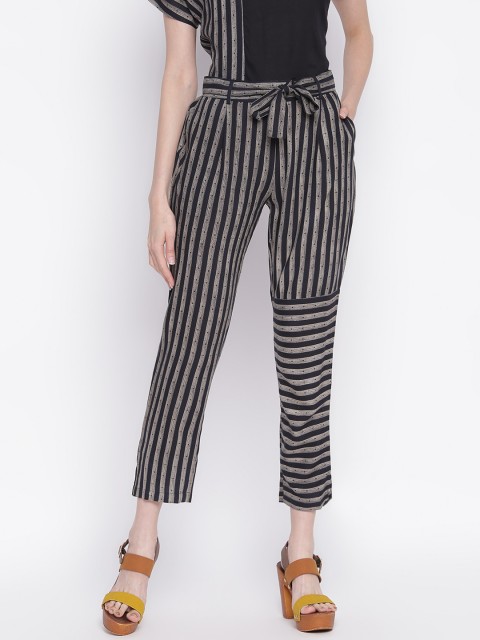 

INIESTA Women Beige & Black Striped Relaxed Fit Peg Trousers With Belt