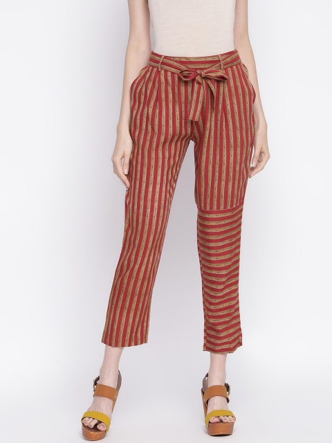 

INIESTA Women Maroon Striped Pleated Peg Trousers