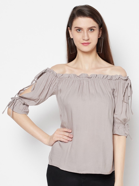 

Purple State Women Grey Off-Shoulder Slit Sleeve Bardot Top