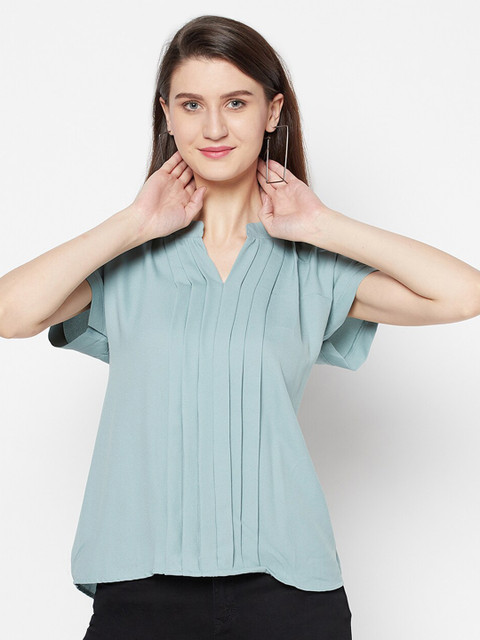 

Purple State Women Sea Green Pleated Extended Sleeves Regular Top