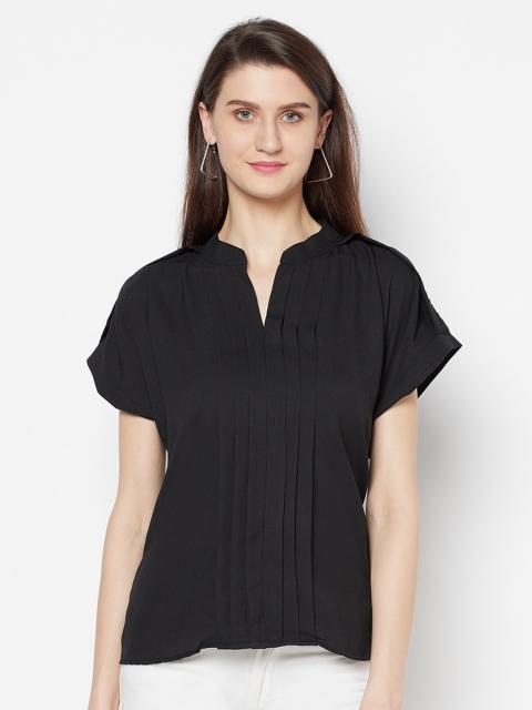 

Purple State Women Black Extended Sleeves Pleated Regular Top