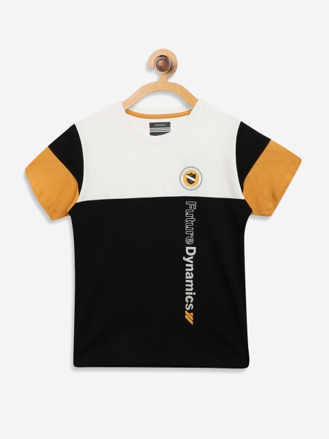 

Octave Boys Navy Blue & Yellow Typography Printed Colourblocked T-shirt