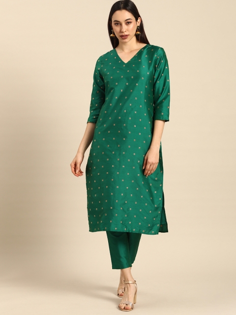 

Anouk Women Teal Green Woven Design Regular Kurta with Trousers