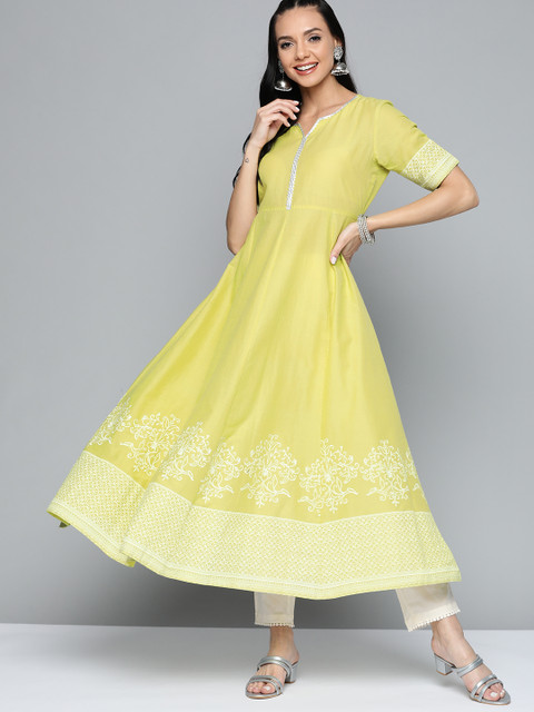

HERE&NOW Women Lime Green & White Ethnic Motifs Printed Pure Cotton Anarkali Kurta