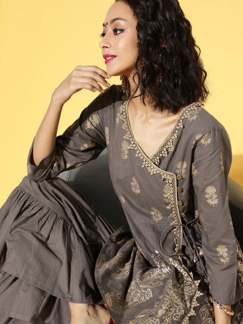 

Moda Rapido Women Taupe & Golden Printed Angrakha Pure Cotton Kurta with Sharara