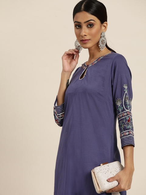 

Moda Rapido Women Navy Blue Ethnic Motif Embroidered Keyhole Neck Kurta