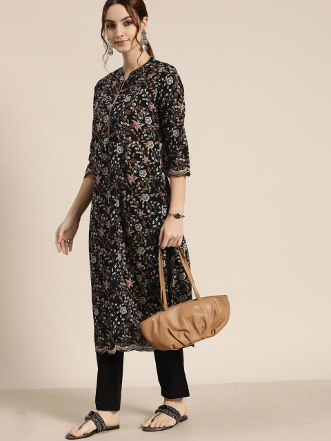 

Moda Rapido Women Black & Off-White Pure Cotton Floral Printed Straight Kurta