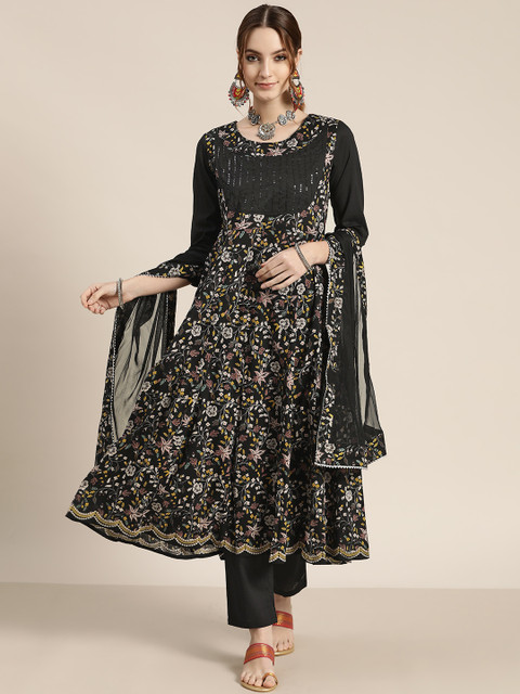 

Moda Rapido Women Black & Off-White Ethnic Printed Cotton Kurta with Trousers & Dupatta