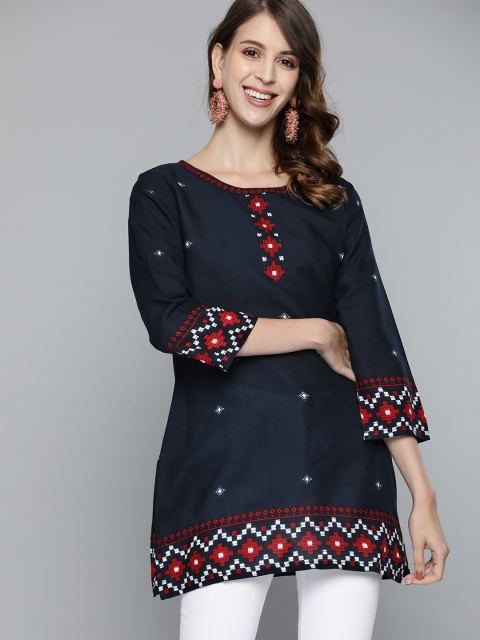 

HERE&NOW Navy Blue & Red Ethnic Motifs Printed A-Line Kurti