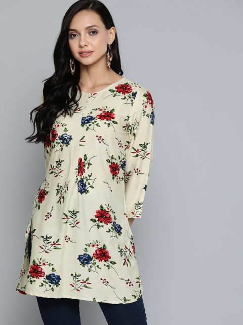 

HERE&NOW Beige & Red Floral Printed Straight Kurti