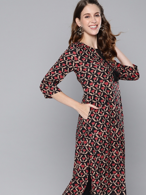 

HERE&NOW Women Black & Maroon Ethnic Motifs Printed Regular Kurta with Trousers