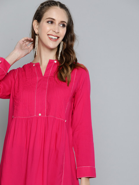 

HERE&NOW Pink Solid Pleated A-Line Kurti