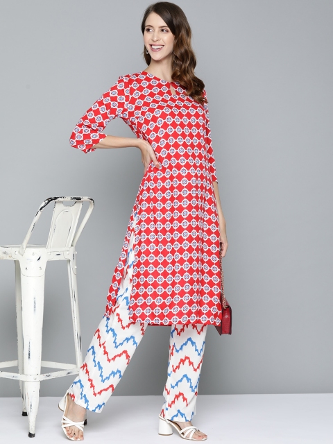 

HERE&NOW Women Red & White Ethnic Motifs Printed Straight Kurta with Trousers