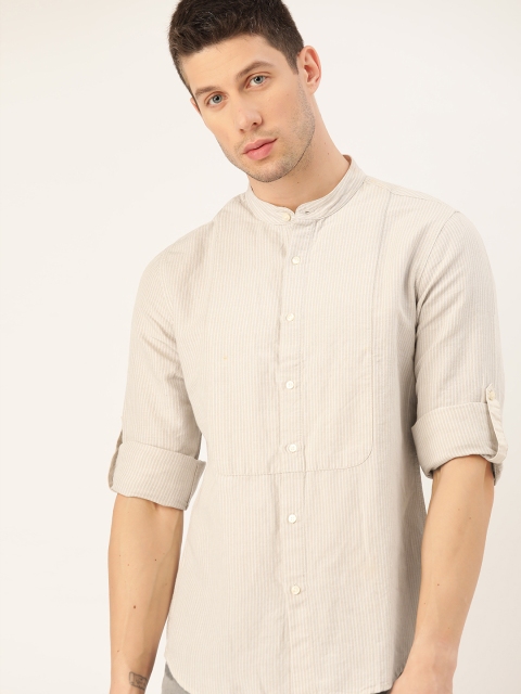 

ether Men Beige Striped Cotton Linen Slim Casual Shirt