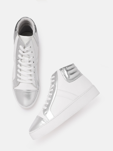 

DressBerry Women White & Sliver-Toned Colourblocked Mid-Top Flatform Sneakers