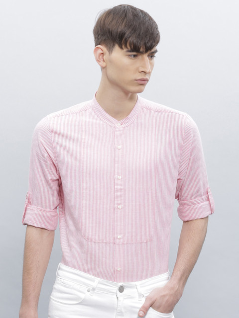 

ether Men Pink Striped Cotton Linen Slim Antimicrobial Casual Shirt