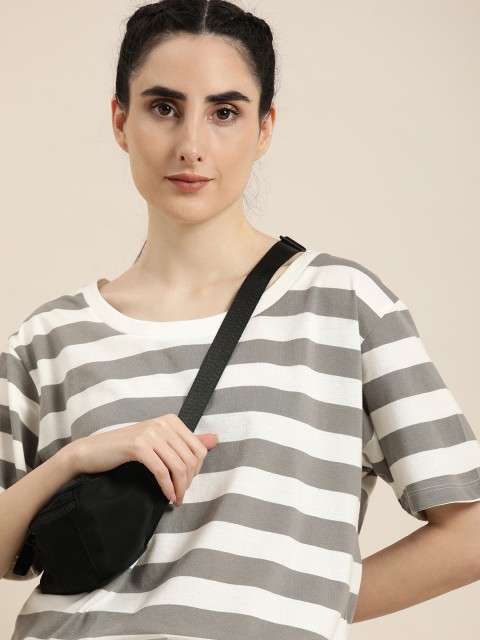 

Moda Rapido Women Grey White Striped Drop-Shoulder Sleeves Pure Cotton T-shirt