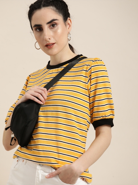 

Moda Rapido Women Yellow Black Striped Pure Cotton T-shirt