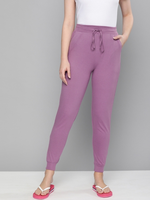 

HERE&NOW Women Purple Solid Pure Cotton Jogger Lounge Pants