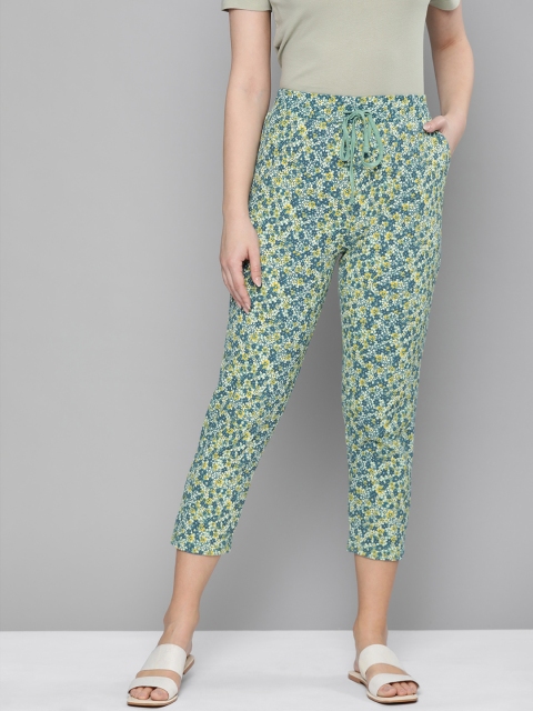 

HERE&NOW Women Green Floral Print Pure Cotton Cropped Lounge Pants