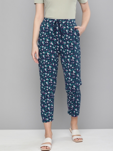 

HERE&NOW Women Navy Blue Floral Print Pure Cotton Cropped Lounge Pants