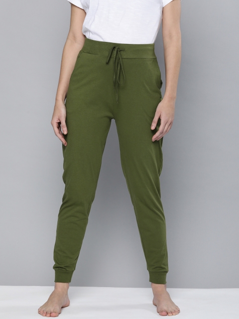 

HERE&NOW Women Olive Green Solid Pure Cotton Lounge Pants