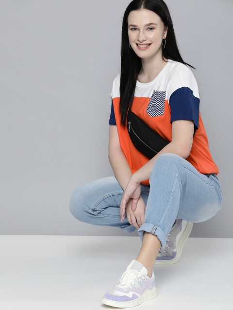 

HERE&NOW Women White & Red Cotton Colourblocked Drop-Shoulder T-shirt