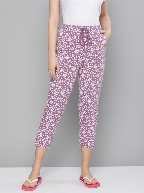 

HERE&NOW Women Purple Floral Print Pure Cotton Cropped Lounge Pants