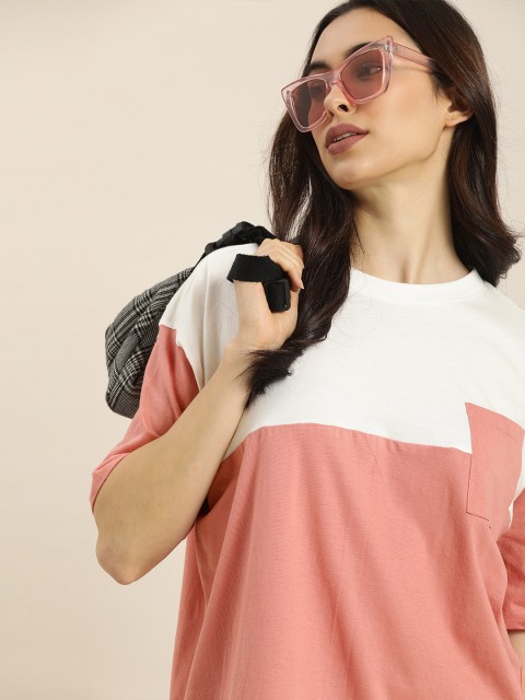 

Moda Rapido Women Peach White Colourblocked Cotton Casual Pure Cotton T-shirt With Pocket