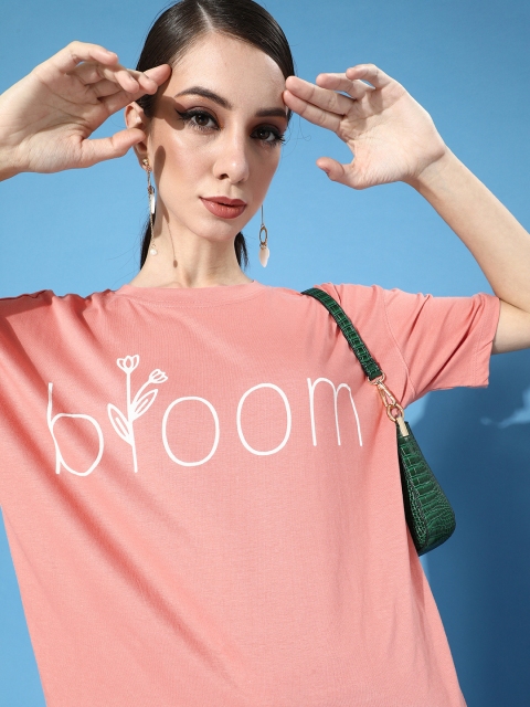 

Moda Rapido Women Pink Typography Printed Drop-Shoulder Sleeves T-shirt