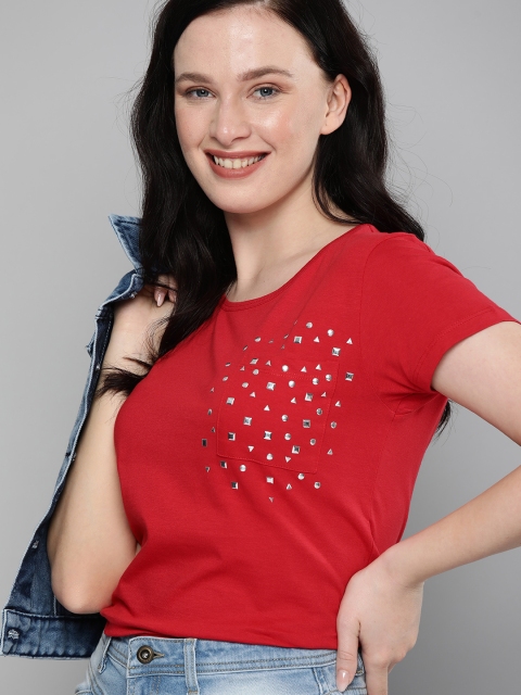 

HERENOW Women Red Solid Pure Cotton T-shirt with Embellishments