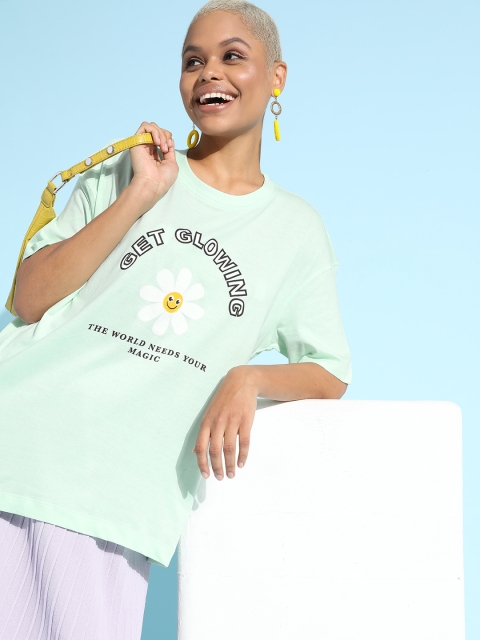 

Moda Rapido Women Mint Green Typography Printed Pure Cotton T-shirt
