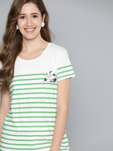 

HERENOW Women Green White Pure Cotton Striped Pure Cotton T-shirt