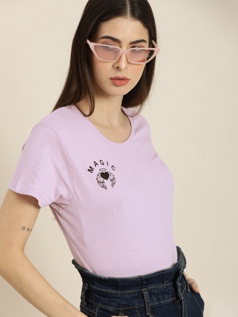 

Moda Rapido Women Lavender Black Typography Printed Pure Cotton T-shirt