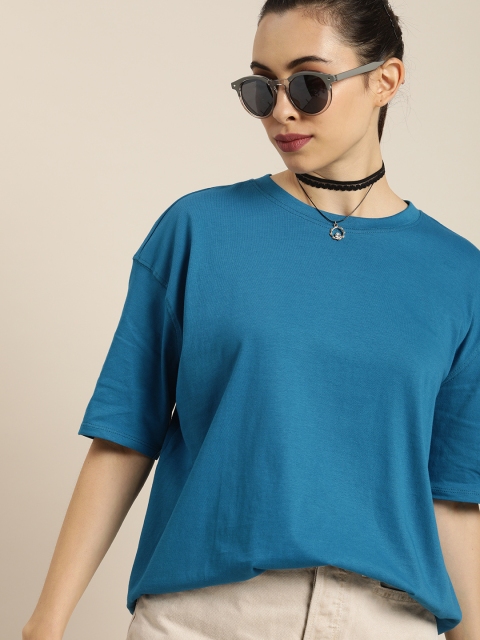 

Moda Rapido Women Teal Solid Drop-Shoulder Sleeves Pure Cotton T-shirt
