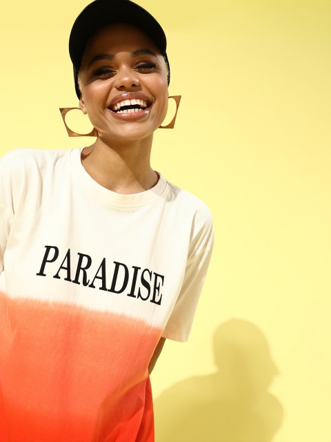 

Moda Rapido Women White & Orange Colourblocked Loose T-shirt With Typography