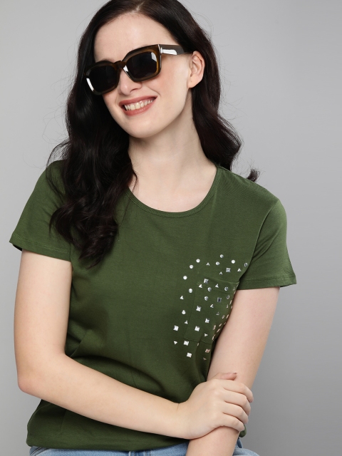 

HERENOW Women Olive Green Solid Pure Cotton T-shirt with Embellishments