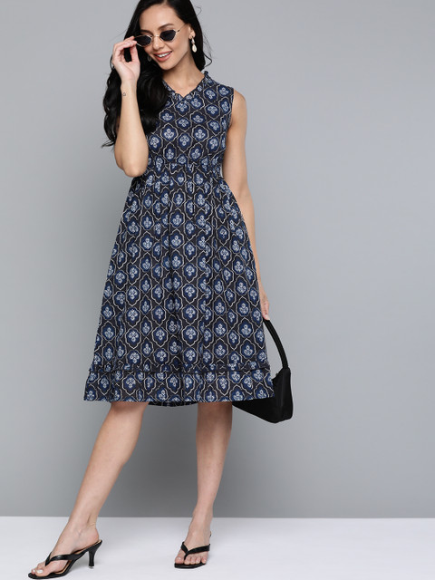 

HERE&NOW Navy Blue & Black Pure Cotton Ethnic Print A-Line Dress