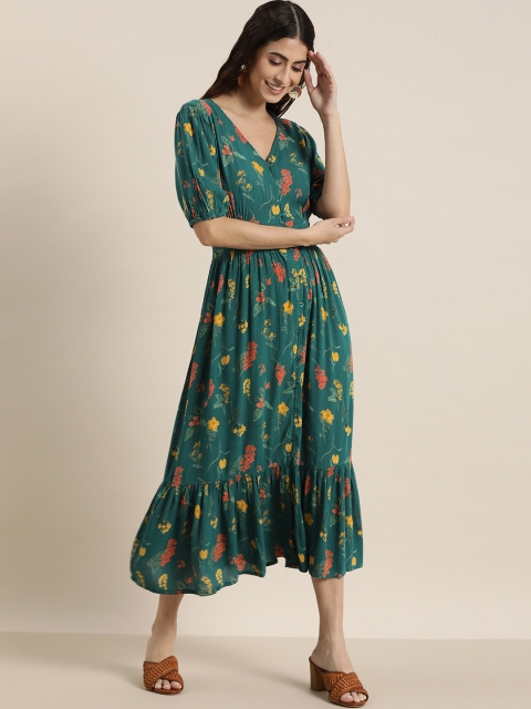

all about you Teal Green & Yellow Floral Midi Dress