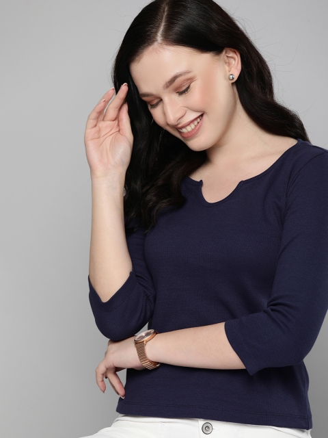 

HERE&NOW Women Navy Blue Ribbed Notched Neck T-shirt