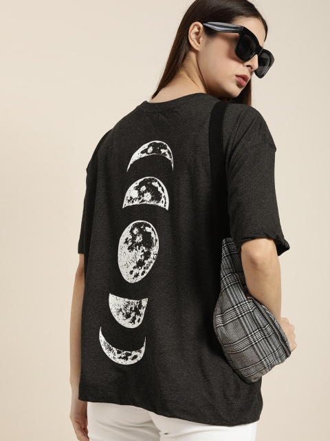 Moda Rapido Women Charcoal Grey & White Printed Drop-Shoulder Sleeves T-shirt