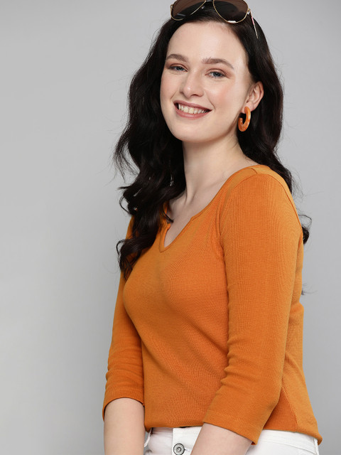 

HERE&NOW Women Rust Orange Ribbed Notched Neck T-shirt
