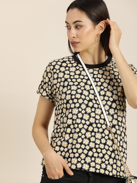 

Moda Rapido Women Black Cream-Coloured Floral Printed Pure Cotton T-shirt