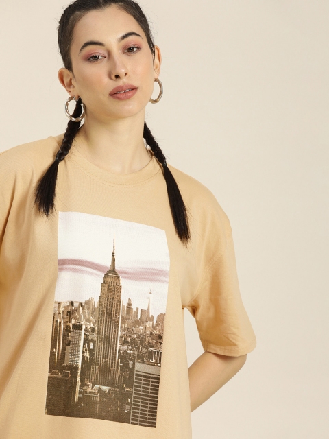 

Moda Rapido Women Beige Brown Printed Pure Cotton T-shirt