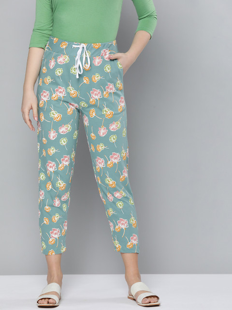 

HERE&NOW Women Black Floral Printed Pure Cotton Cropped Lounge Pants, Green