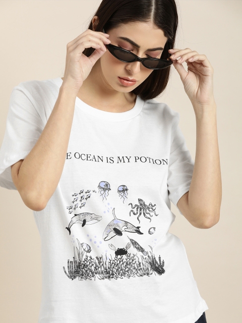 

Moda Rapido Women White Black Graphic Printed Pure Cotton T-shirt