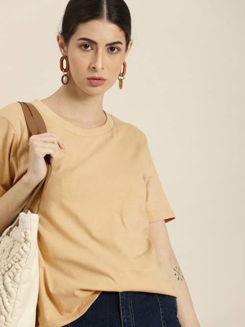 

Moda Rapido Women Beige Extended Sleeves Pure Cotton T-shirt