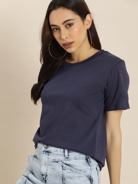 

Moda Rapido Women Navy Blue Solid Pure Cotton Casual Pure Cotton T-shirt